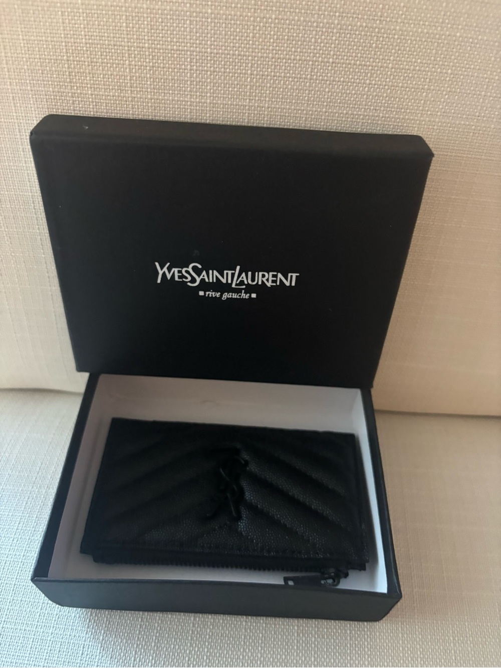 Yves Saint Laurent Black Quilted Leather Zip Card Case with YSL Logo